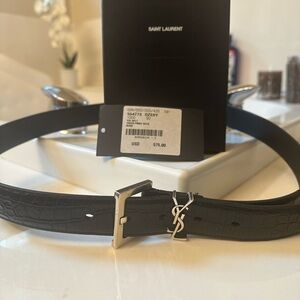 YSL black croc print belt